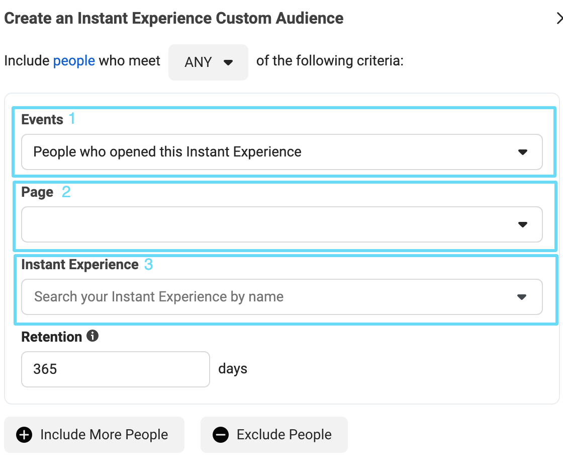 Facebook Ads Manager instant experience audience setup