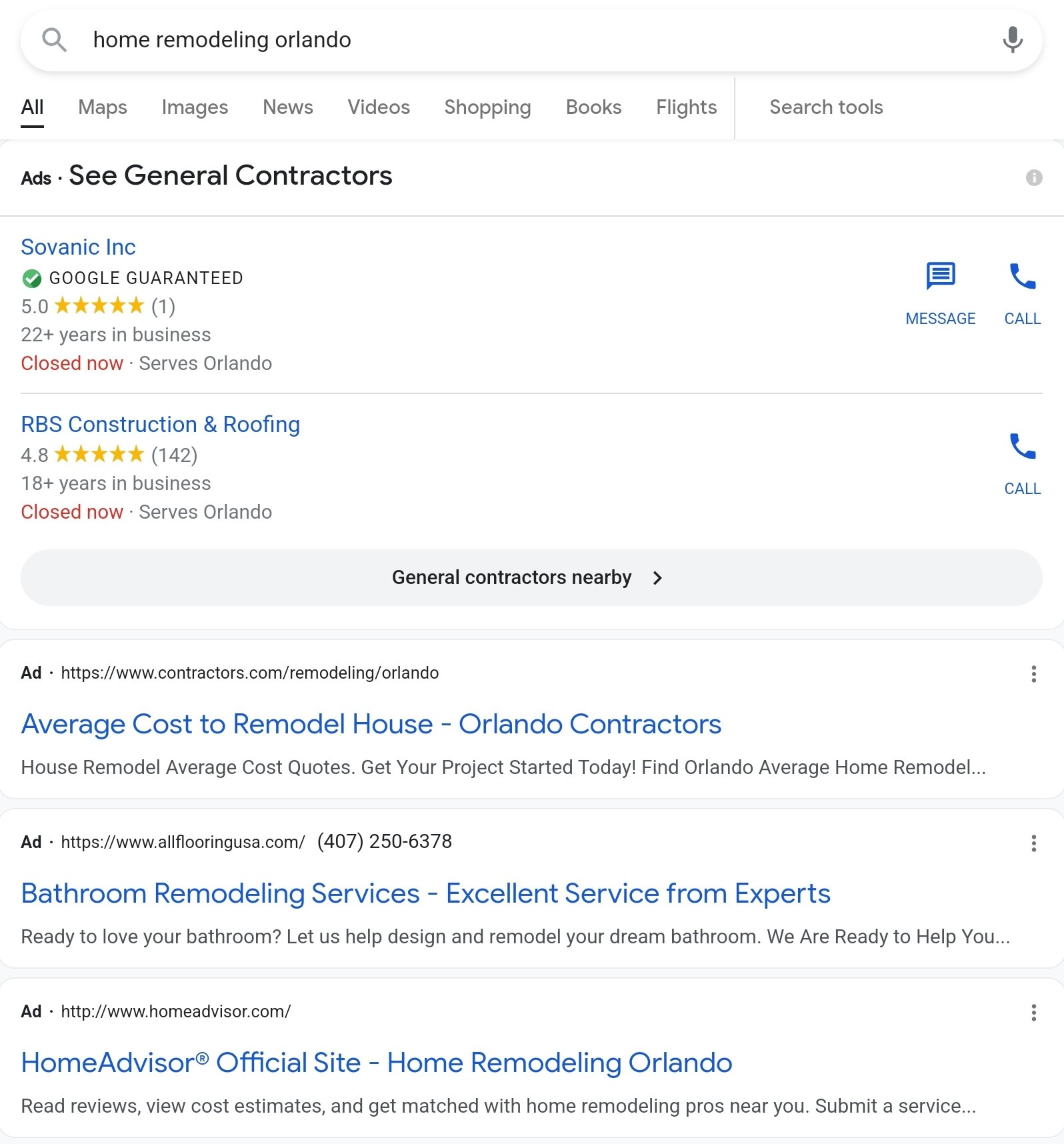 Google Search Network paid ads for home remodeling in Orlando