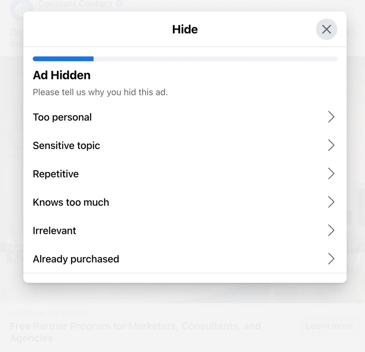 Reasons for hiding a Facebook ad