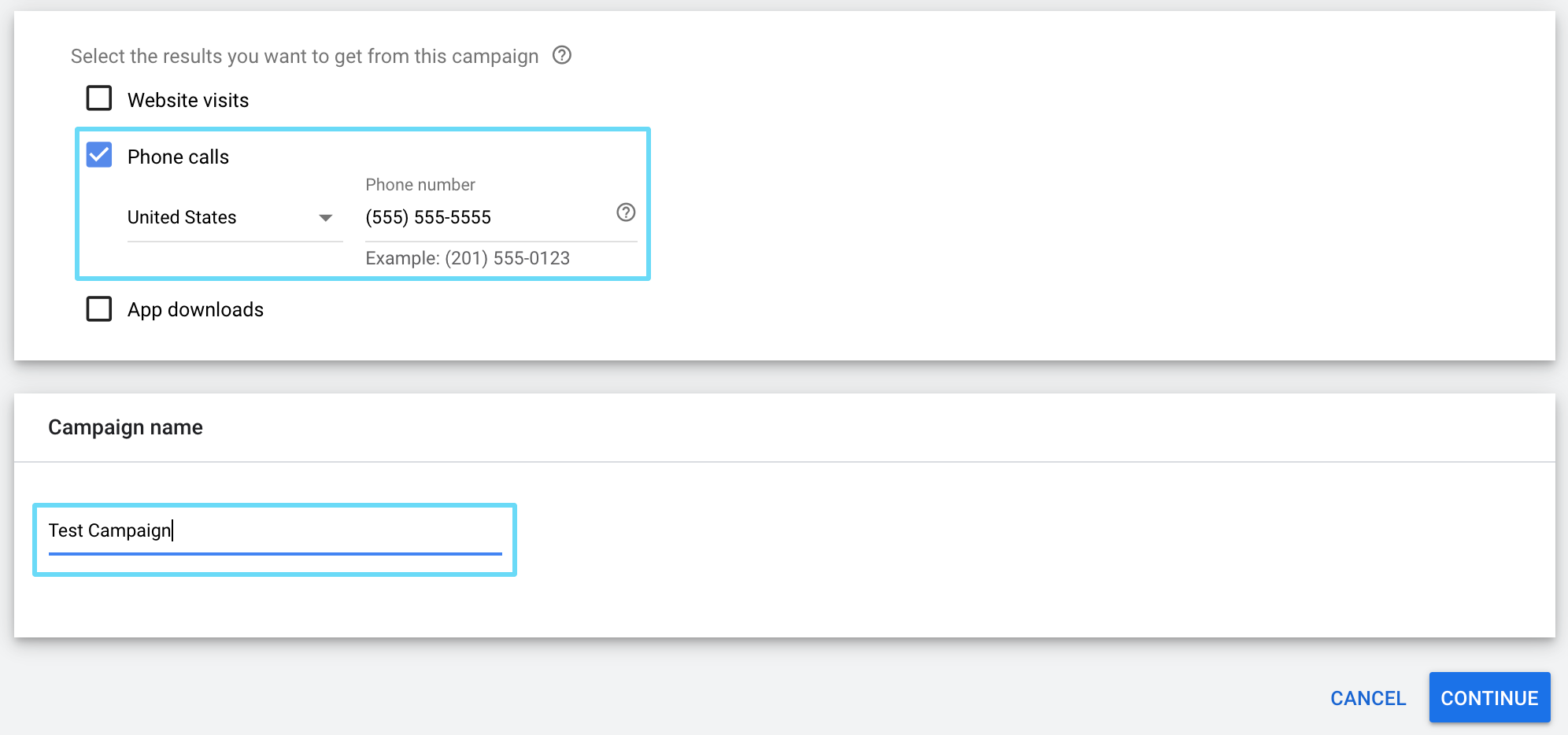 Google Ads results selection and campaign name