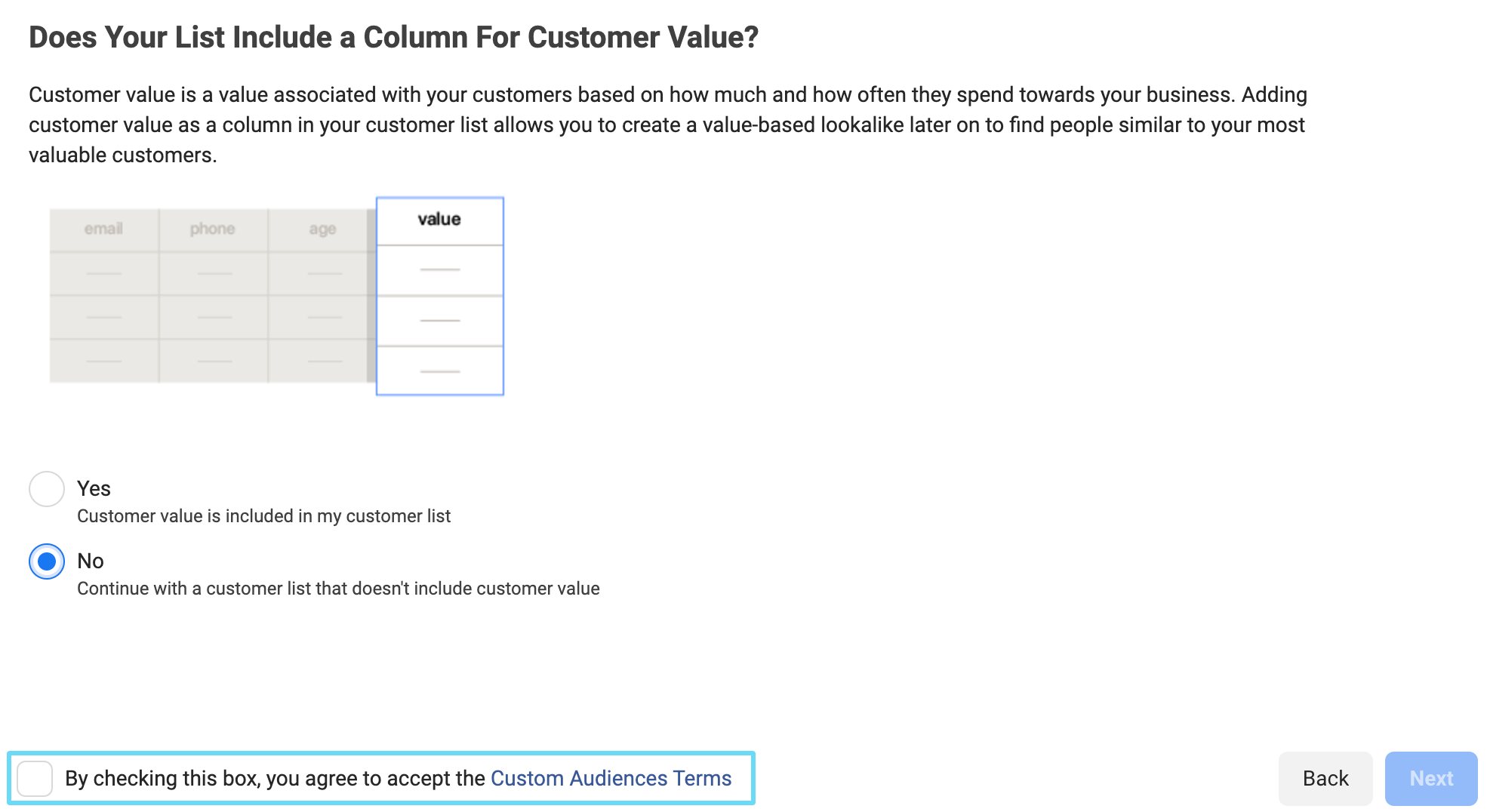 Facebook Ads Manager customer list value column