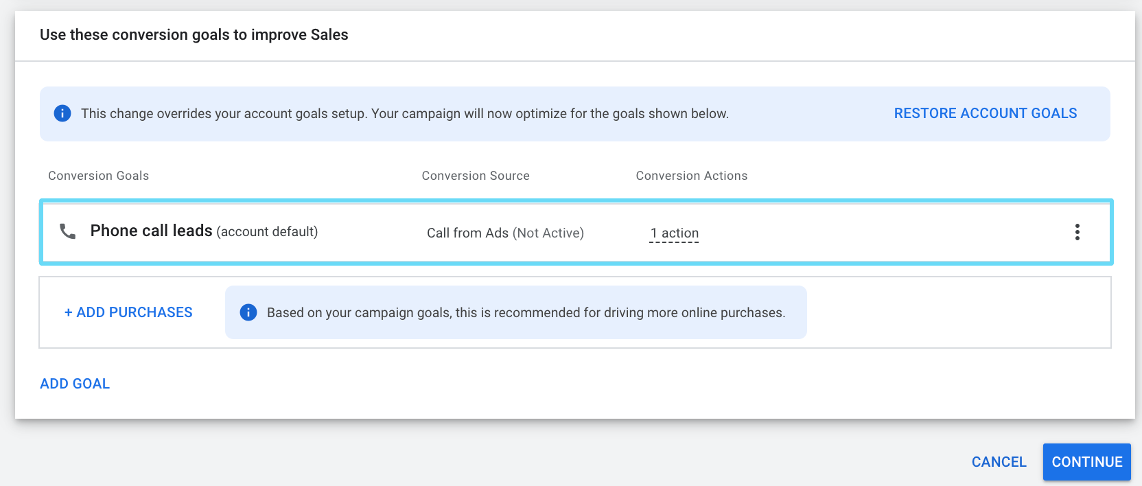 Google Ads conversion action selection