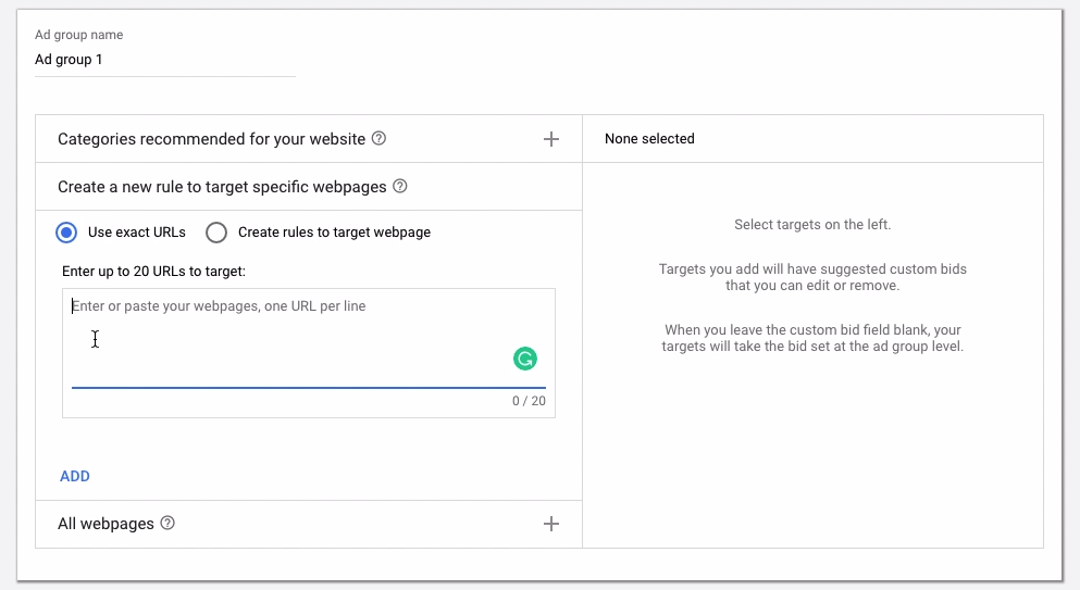 Google Ads setup for targeting specific webpages