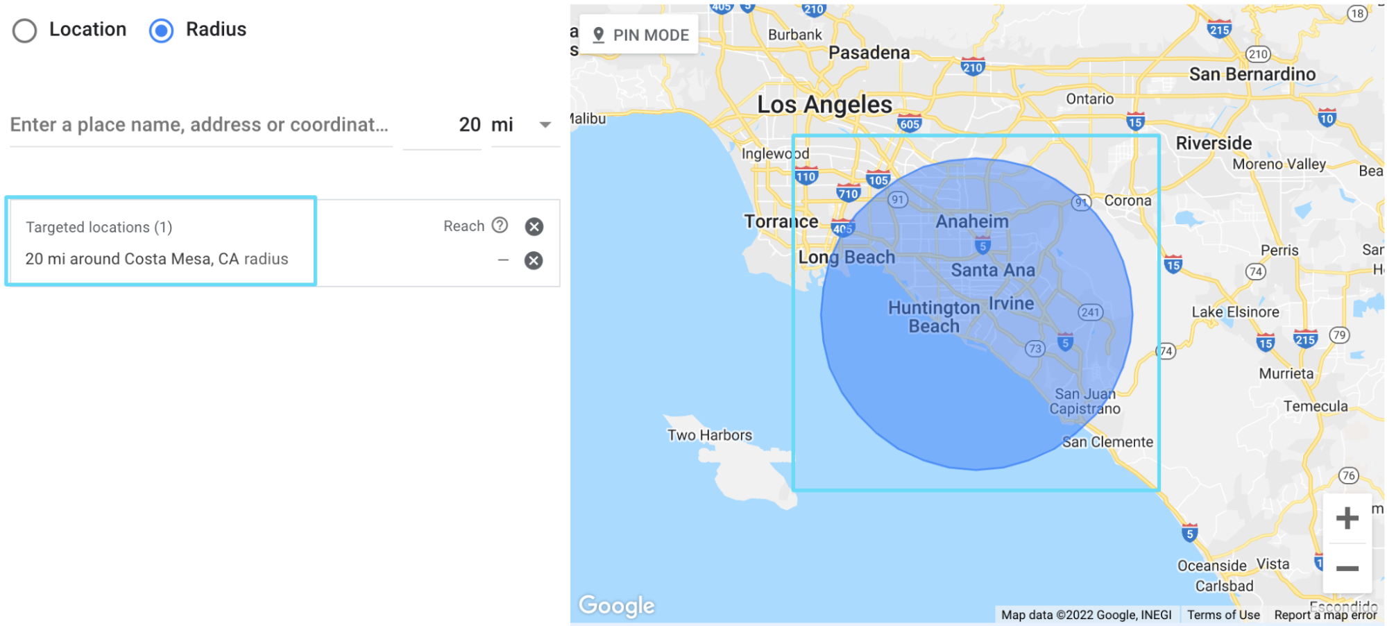 Google geotargeting Location radius