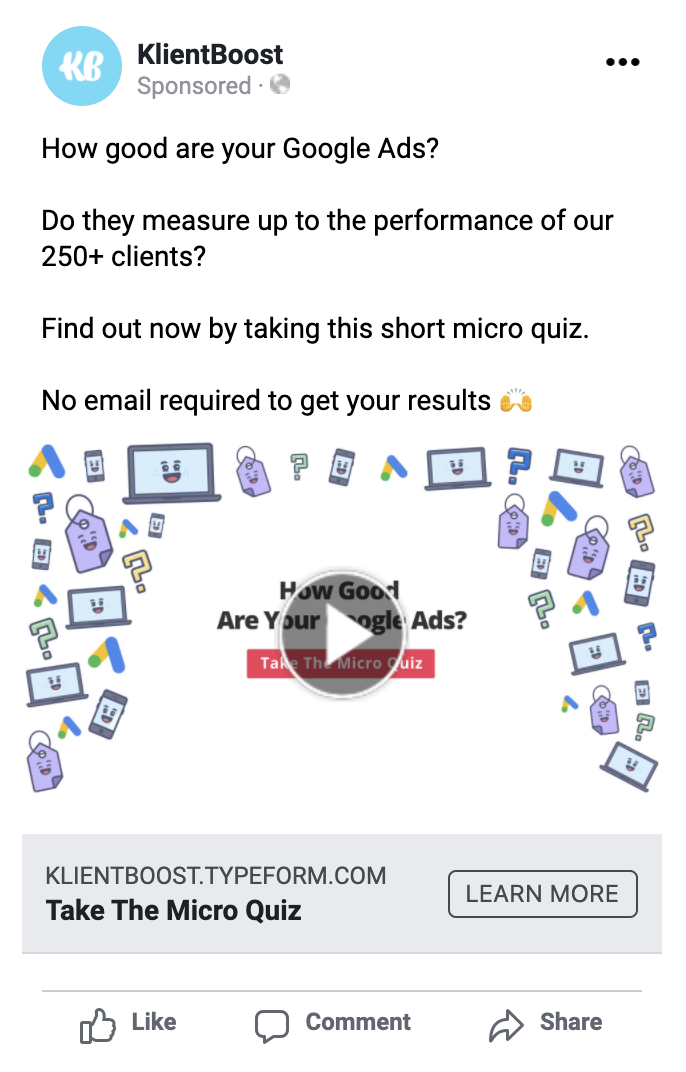 KlientBoost engagement quiz on Facebook