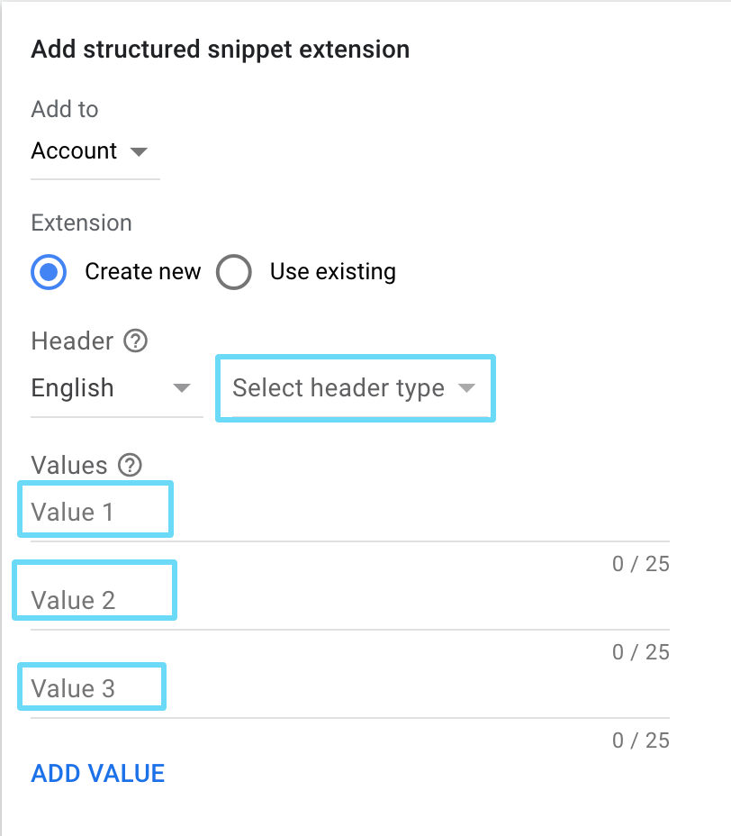 Structured snippet settings