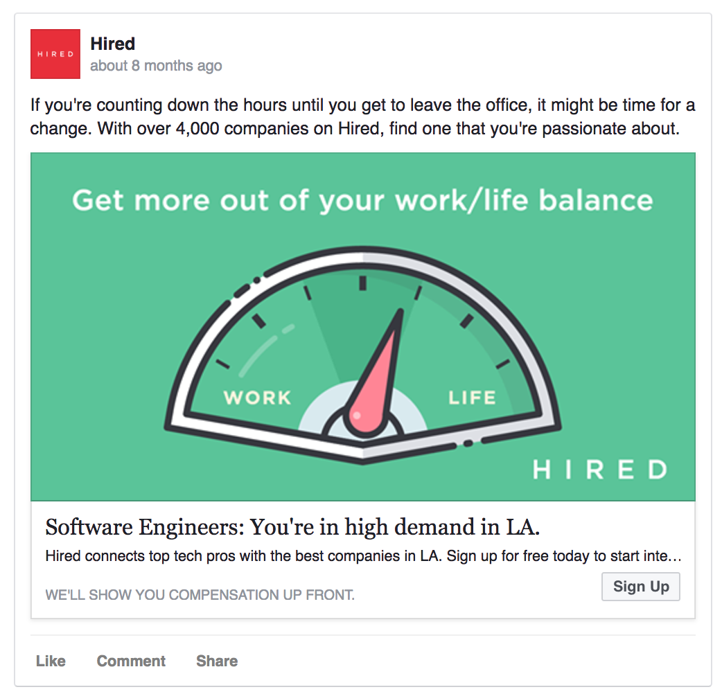 Hired's Facebook ad