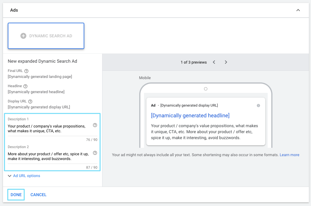 Dynamic Search ad descriptions