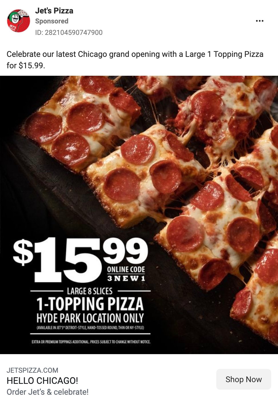 Jet's Pizza location specific Facebook ad