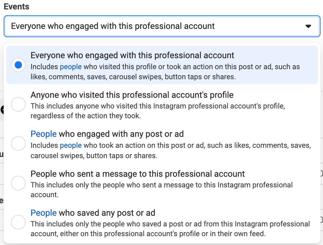Facebook Ads Manager event setup options for Instagram account audiences