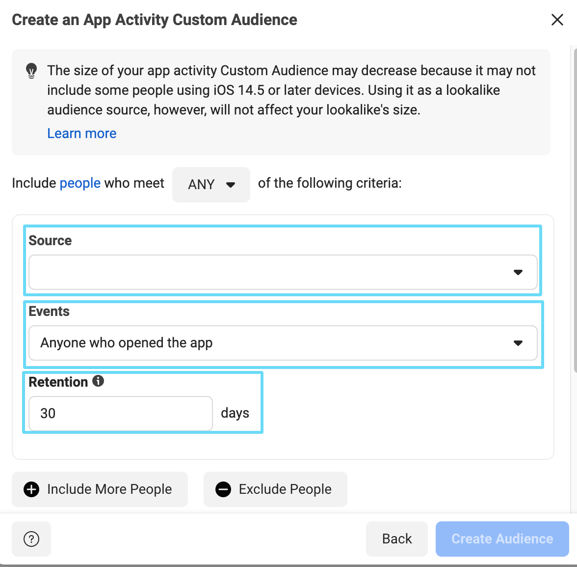 Facebook Ads Manager app activity custom audience setup