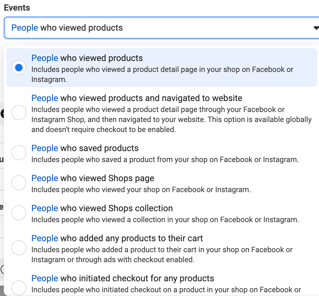Facebook Ads Manager events available to select for shopping audiences
