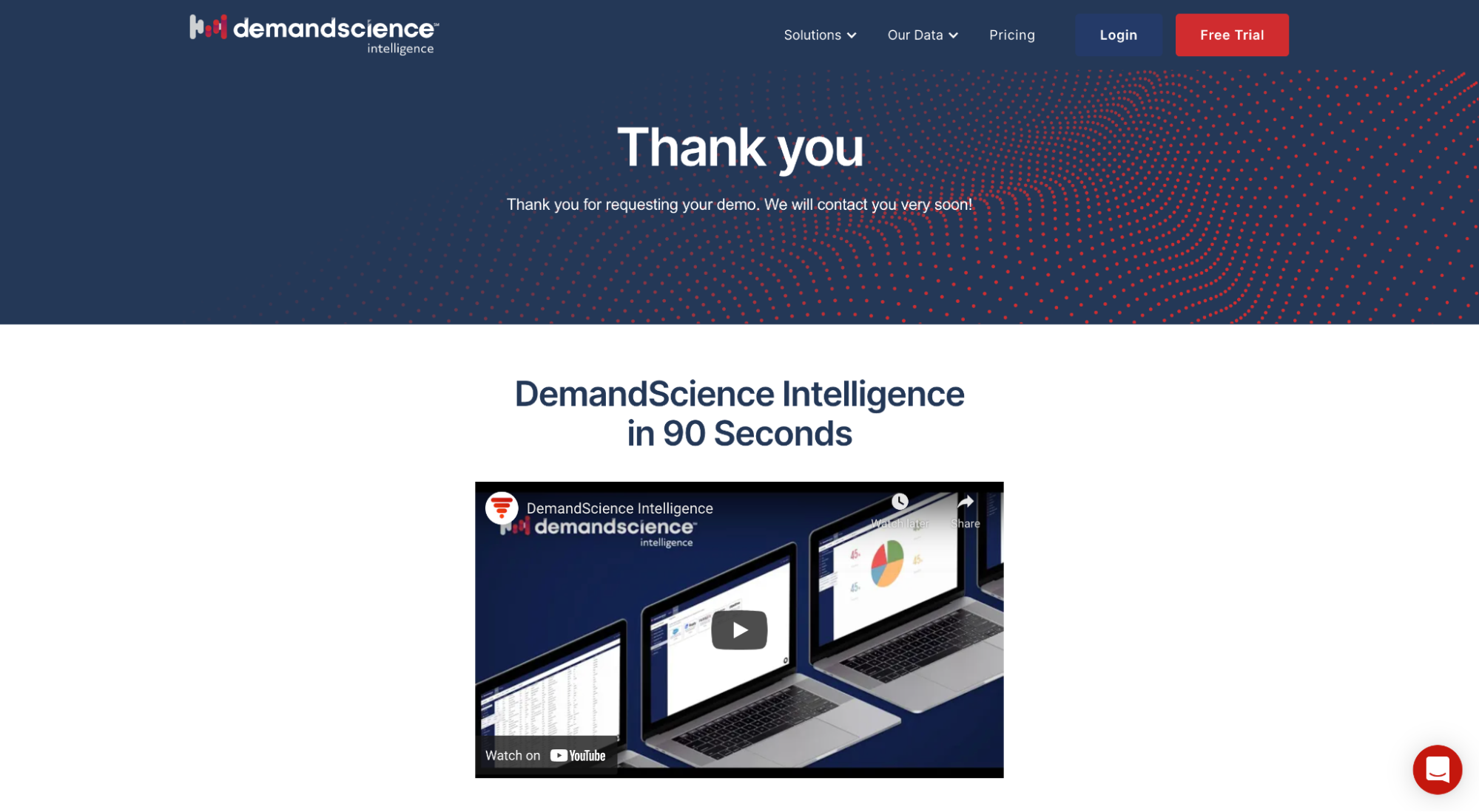 DemandScience’s demo confirmation page