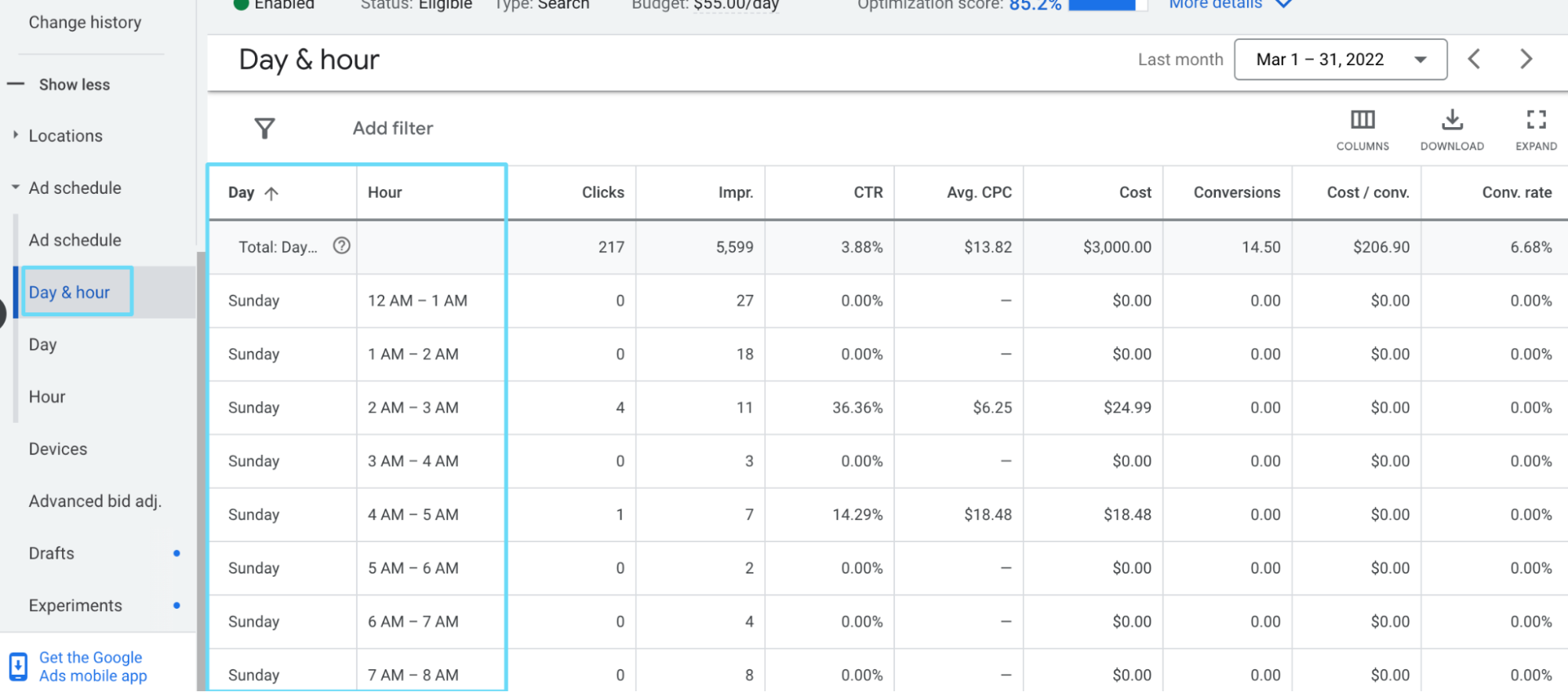 Google Ads Day & hour view