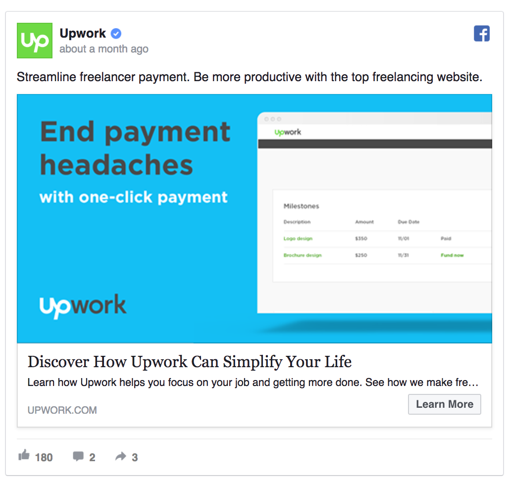 Upwork in-image ad copy facebook ad