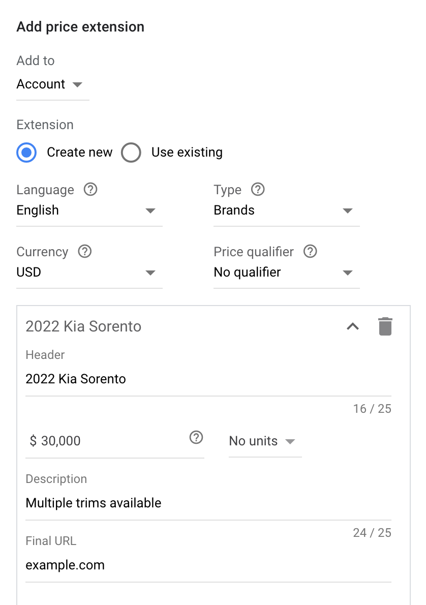 Price extension settings
