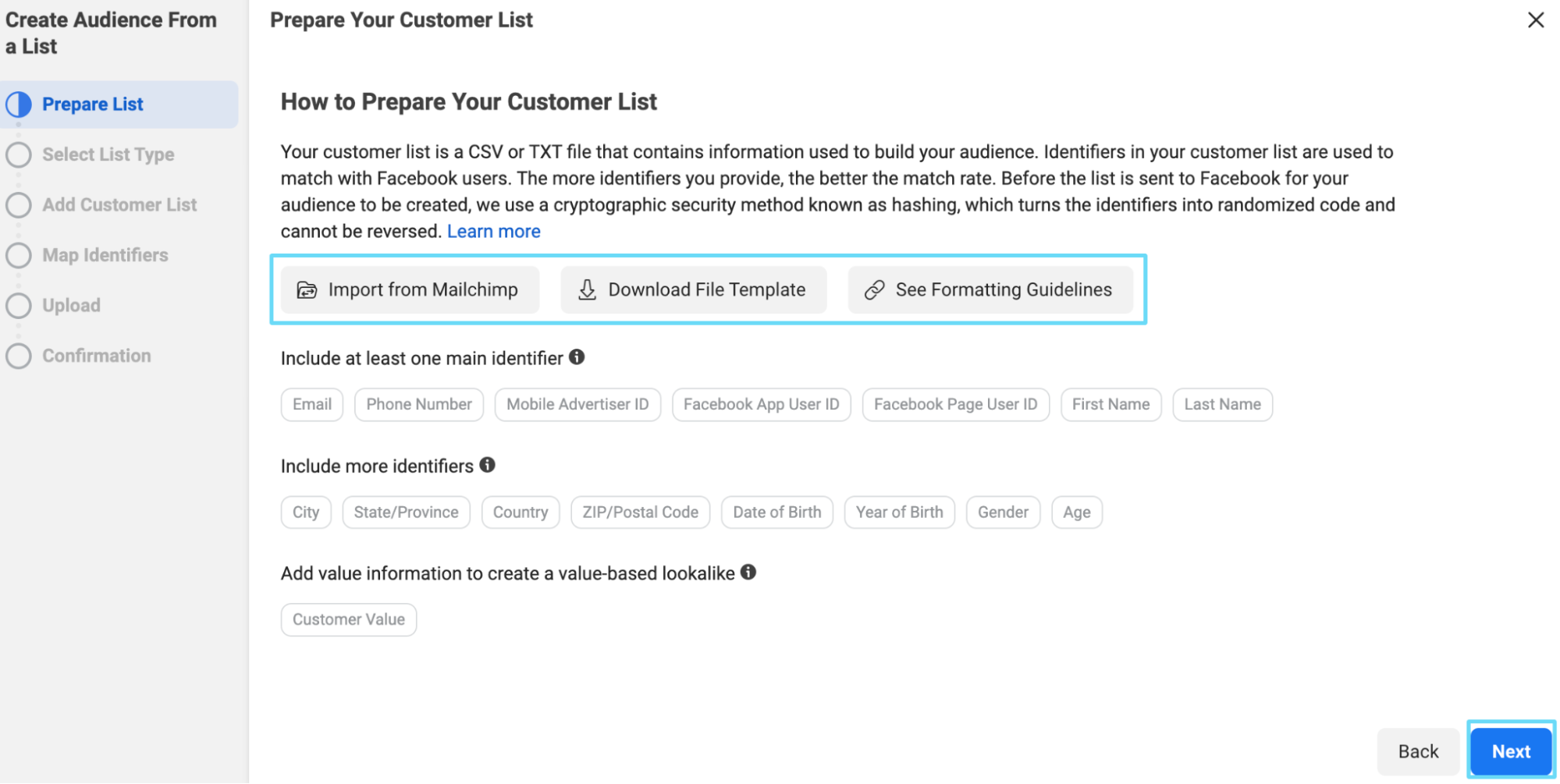 Facebook Ads Manager initial customer list creation setup