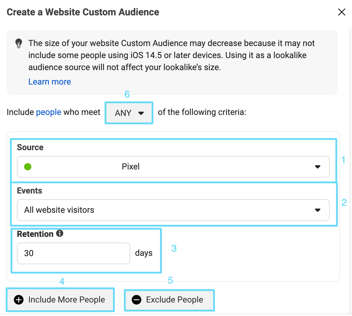Facebook Ads Manager website custom audience setup