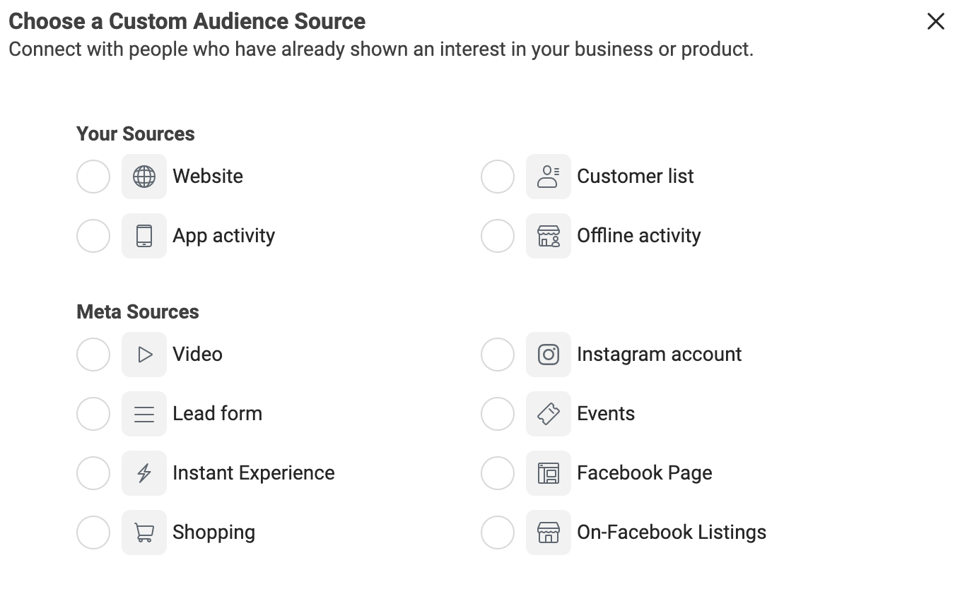 Facebook Ads Manager custom audience type selection window