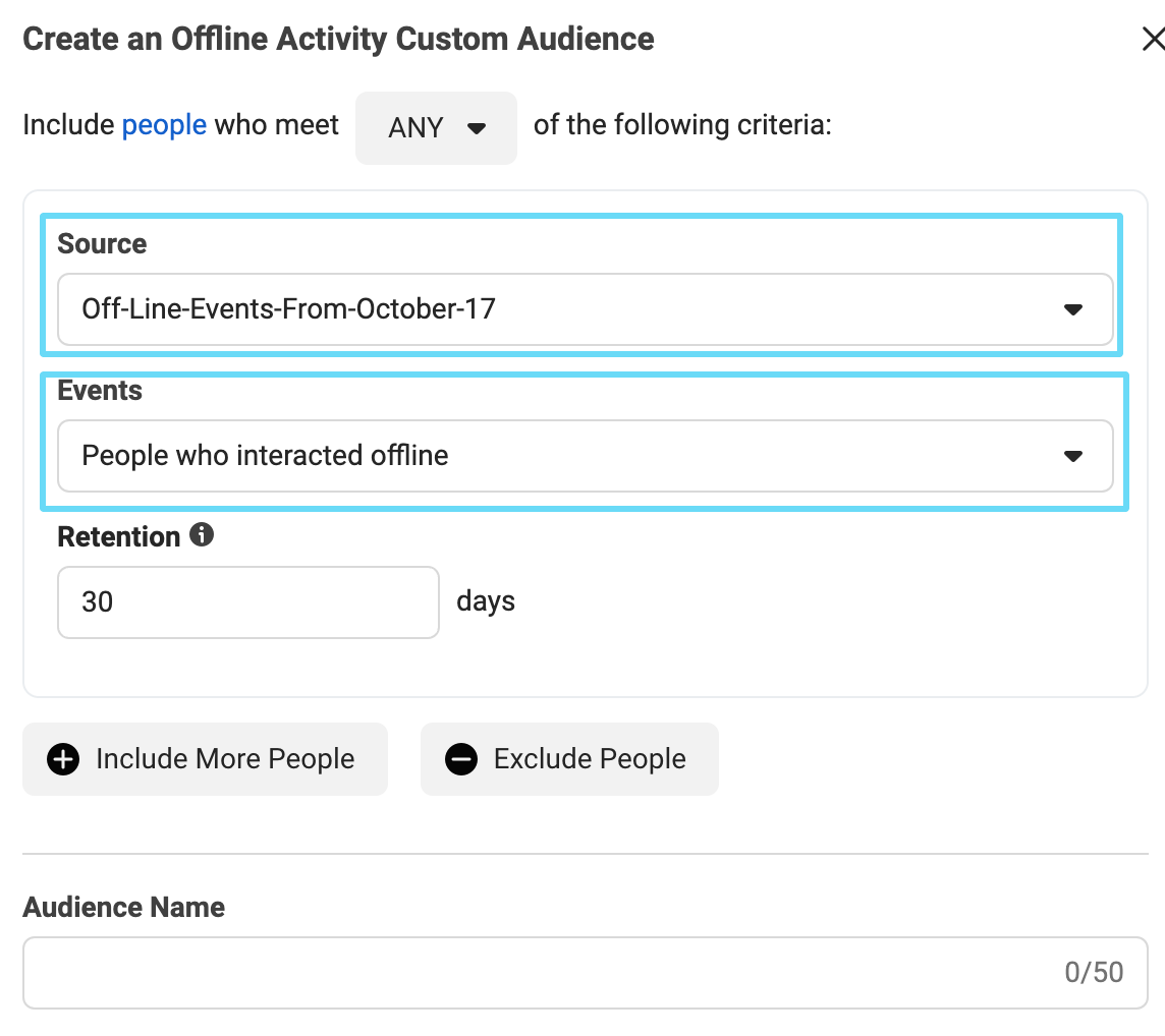 Facebook Ads Manager offline activity custom audience