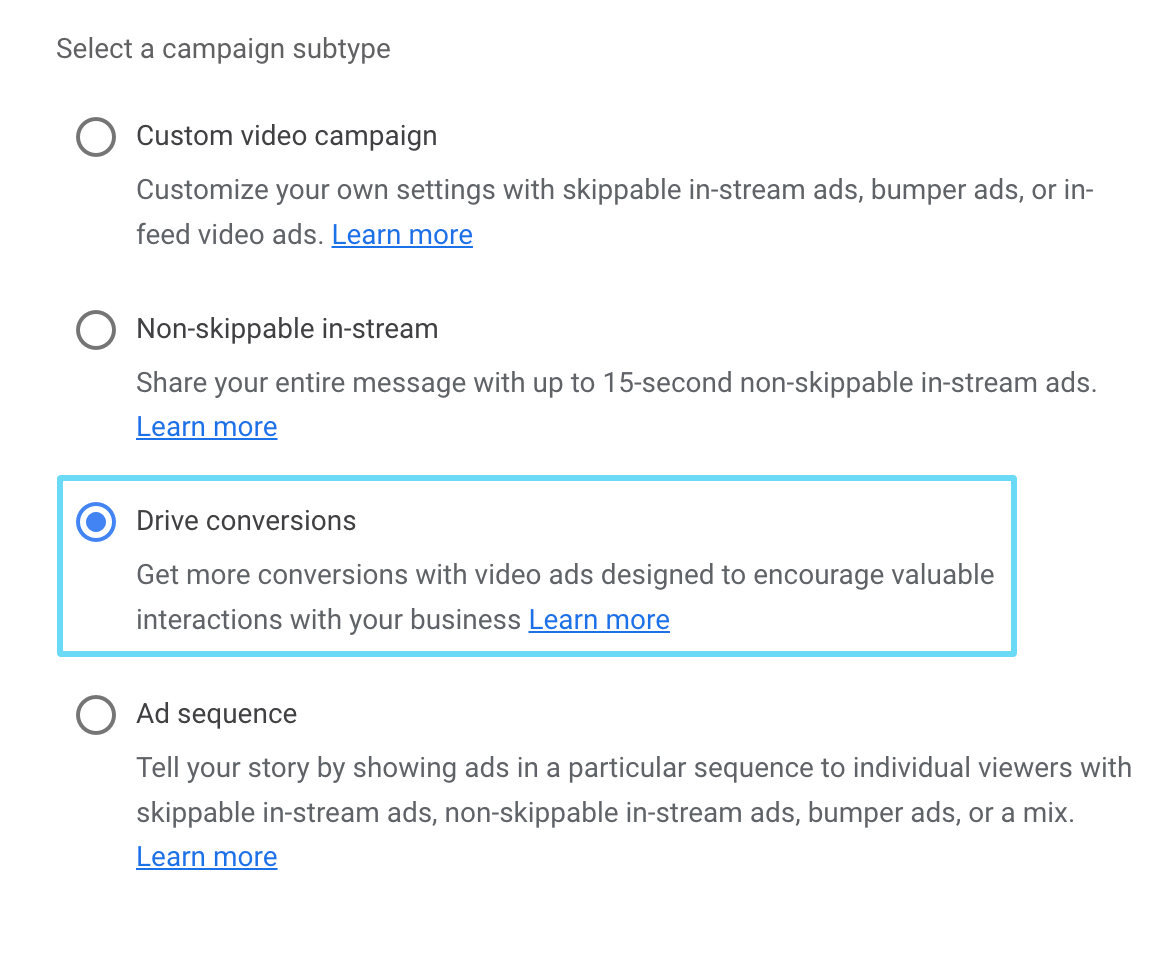 YouTube Video ads drive conversions option
