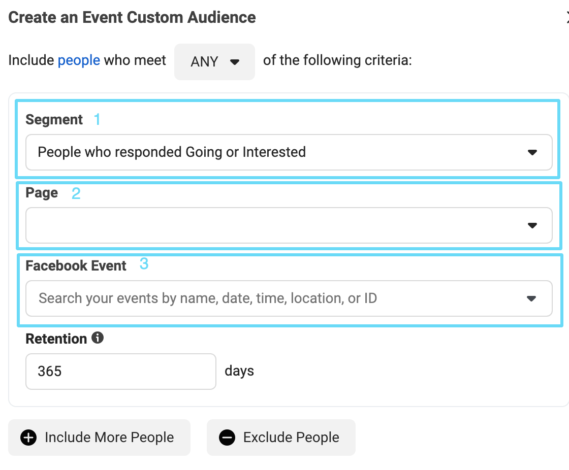 Facebook Ads Manager events audience setup