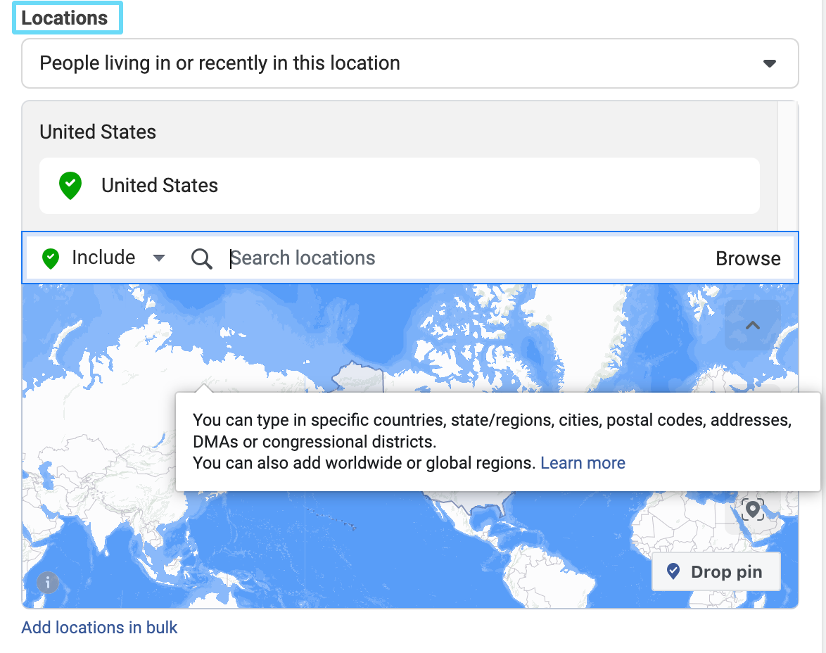 Facebook locations settings in ads manager