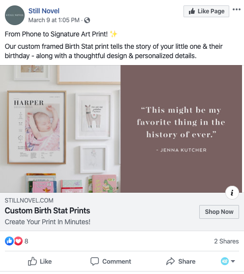 Still Novel framed Birth Stat ad