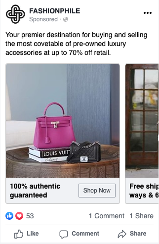 Fashionphile Facebook Ad Example