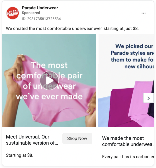 Parade Underwear Facebook Ad Example