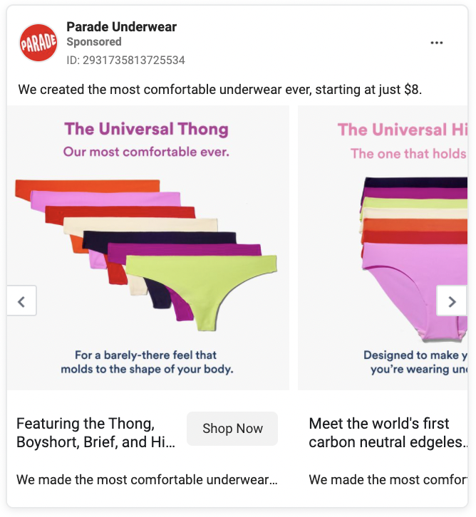 Parade Underwear Carousel Facebook Ad Example