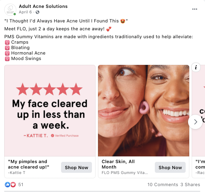 Adult Acne Solutions  Carousel Facebook Ad Example