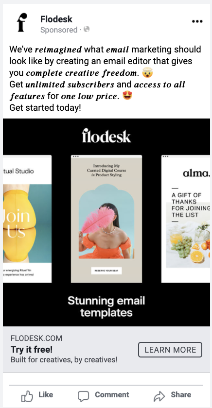 Flodesk Facebook ad copy examples 