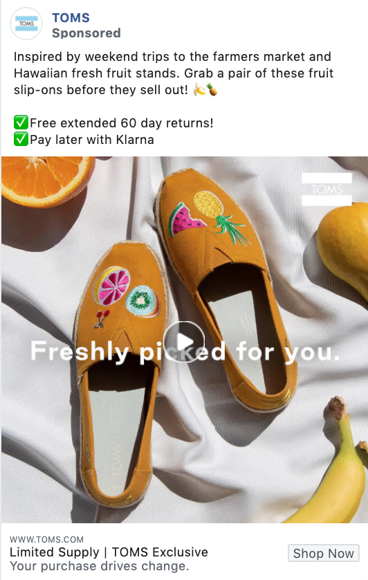 Toms Facebook ad copy examples 