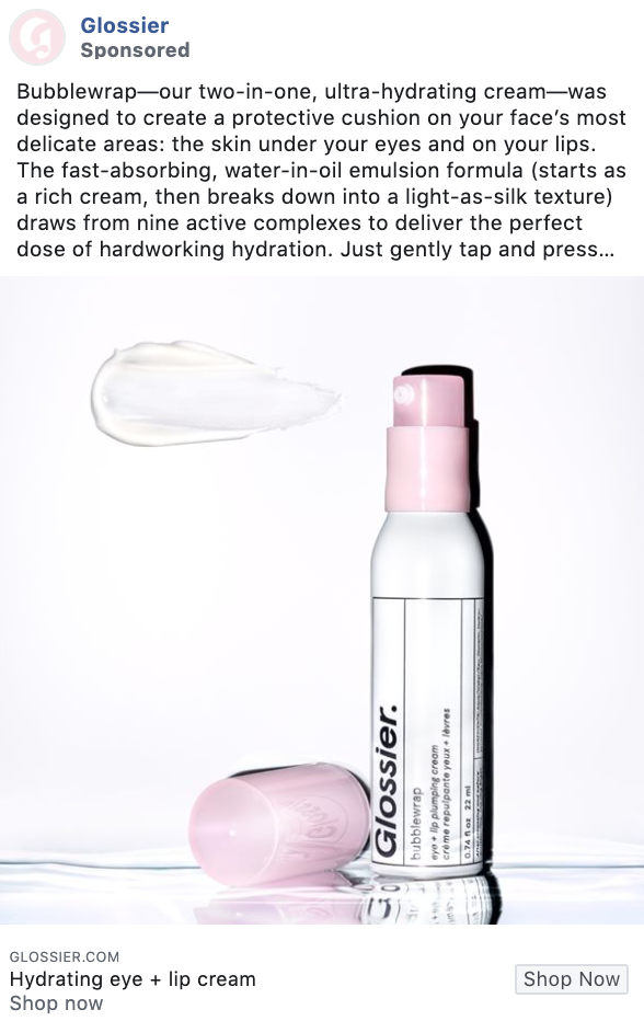 Glossier product-focused Facebook ad example