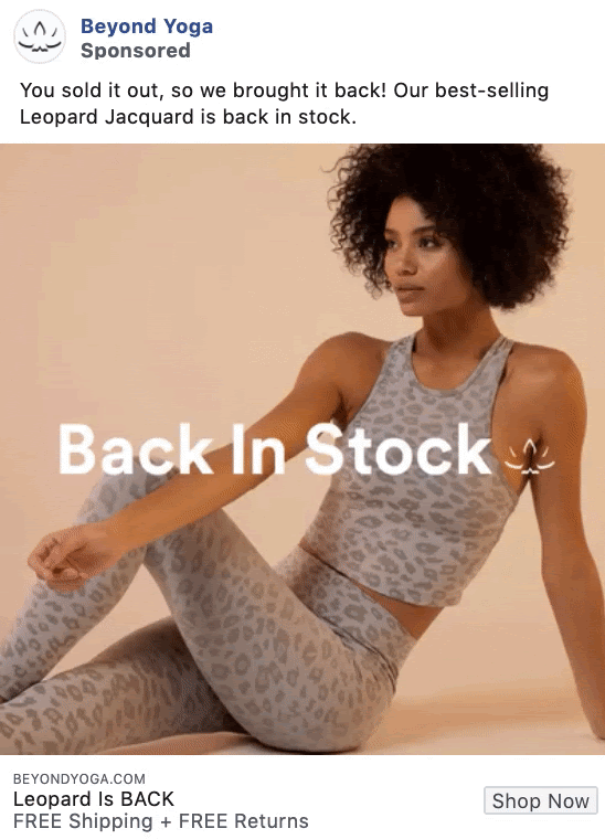 Beyond Yoga product-focused Facebook ad example