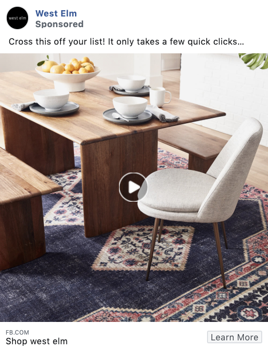 West Elm product-focused Facebook ad example