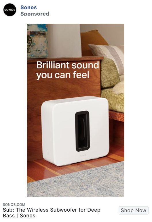 Sonos product-focused Facebook ad example