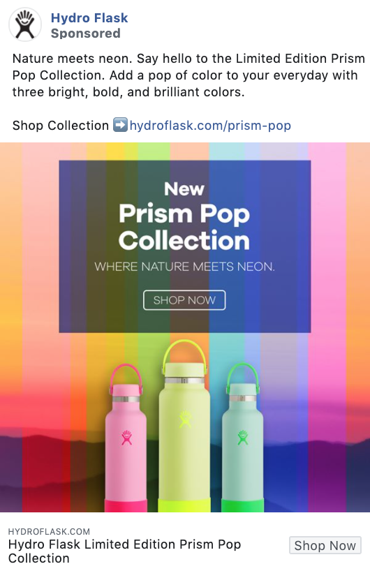 Hydro Flask product-focused Facebook ad example