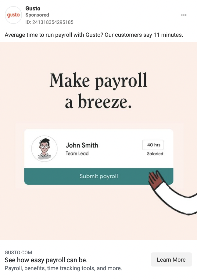 Gusto B2B and service-focused Facebook ad example