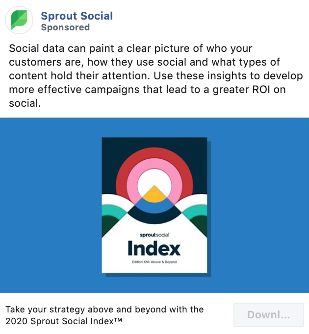 Exemple de publicité Facebook Sprout Social B2B et axée sur les services