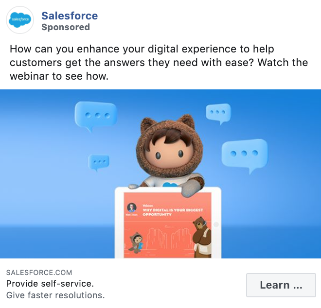 Exemple de publicité Facebook Salesforce B2B et axée sur les services