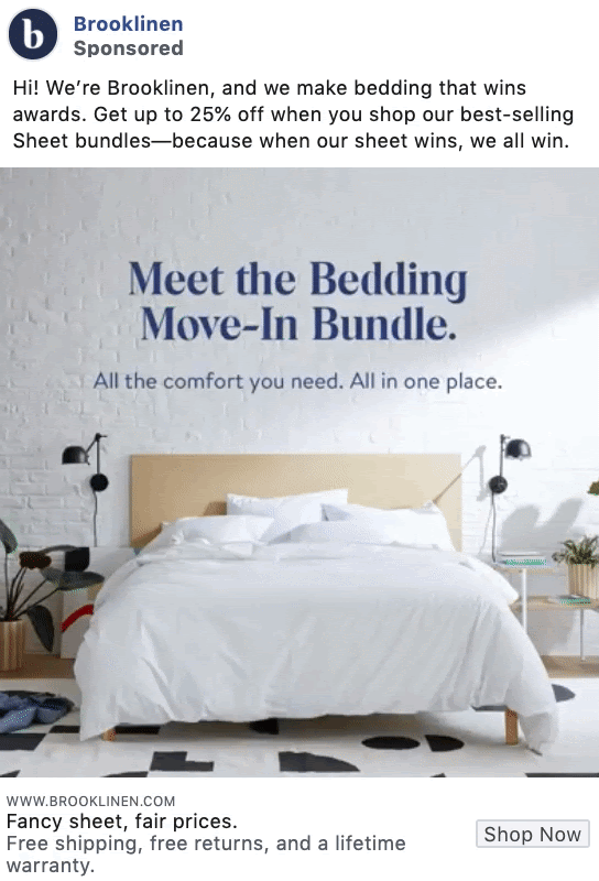 Brooklinen promotional offer Facebook ad example