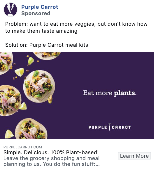 Purple Carrot Facebook ad copy examples 