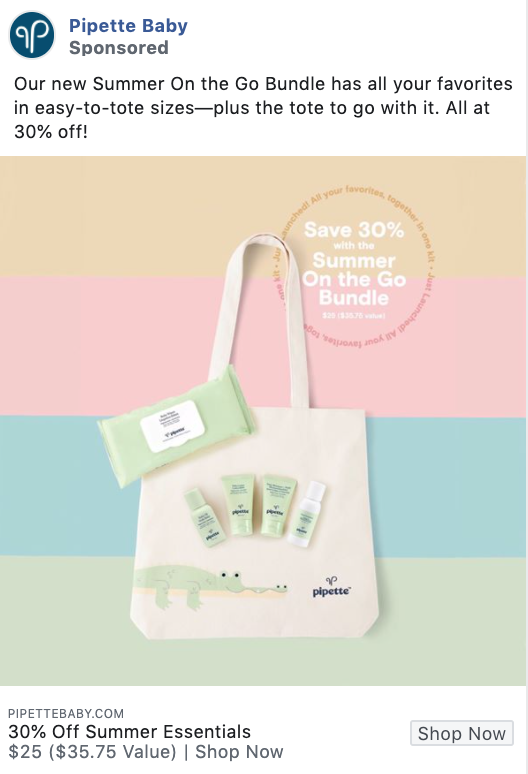 Exemple de publicité Facebook pour l'offre promotionnelle Pipette Baby