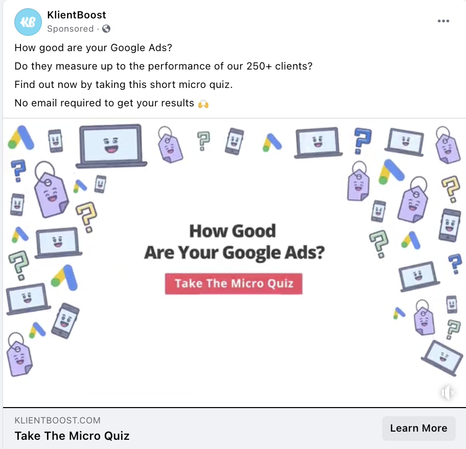 Ví dụ về quảng cáo nhận biết thương hiệu tốt nhất trên Facebook về Klientboost
