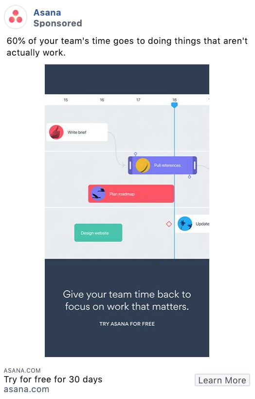 Asana Facebook consideration and lead generation ad example