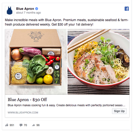 Blue Apron Facebook consideration and lead generation ad example