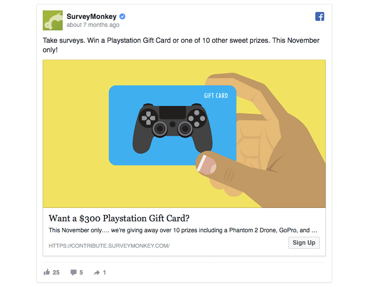 SurveyMonkey’s Facebook ad offers a prize