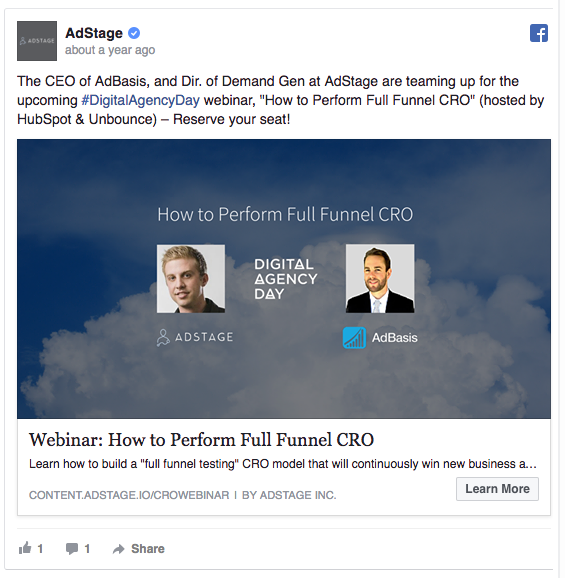 AdStage Facebook consideration and lead generation ad example